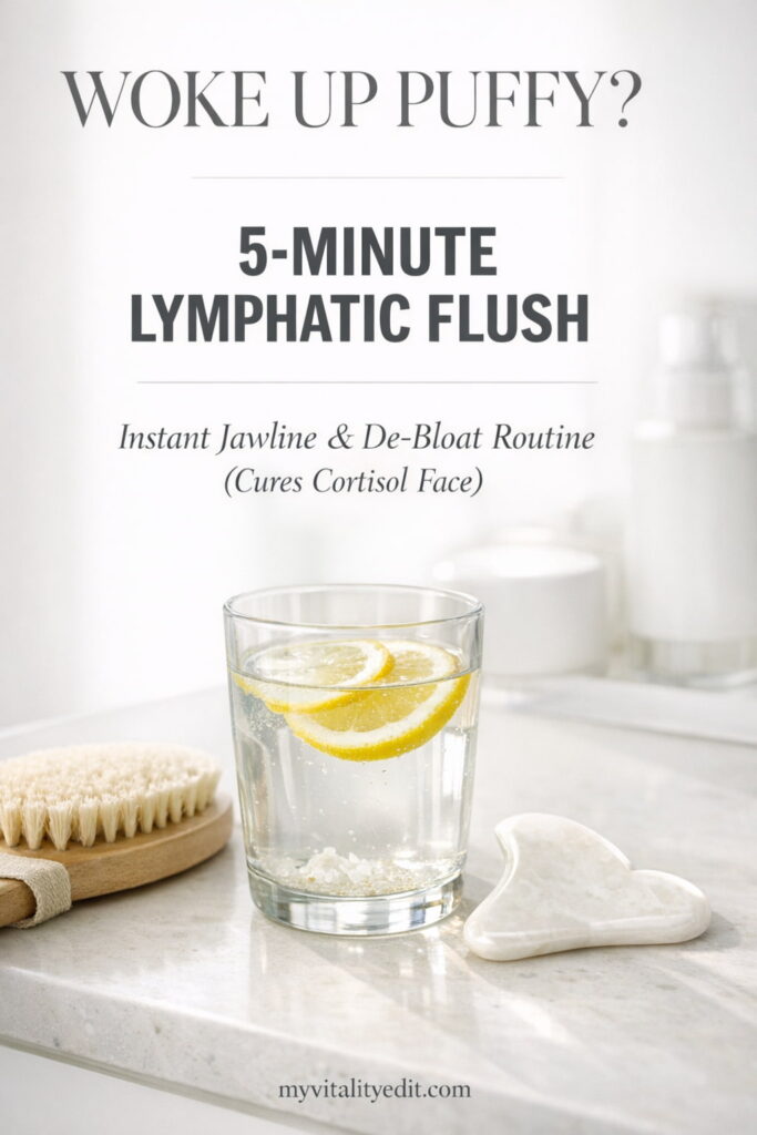 Pinterest Pin for 5-minute lymphatic flush routine to drain cortisol face and sharpen jawline.