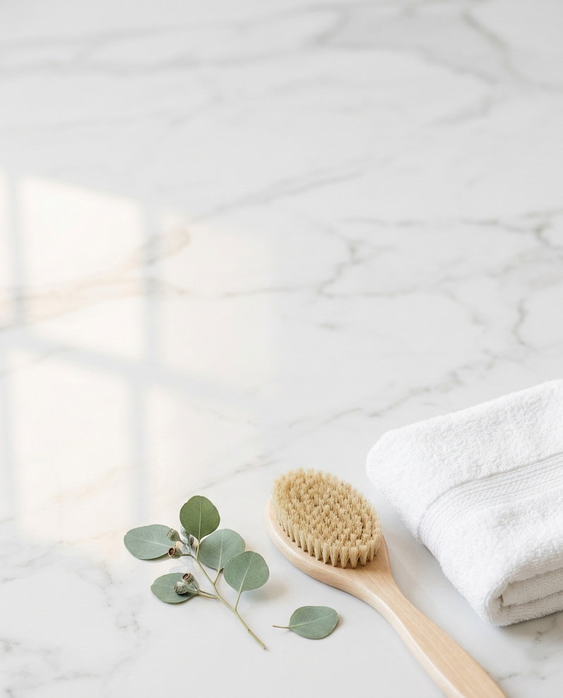 Natural lymphatic drainage tools and dry brush for morning wellness routine