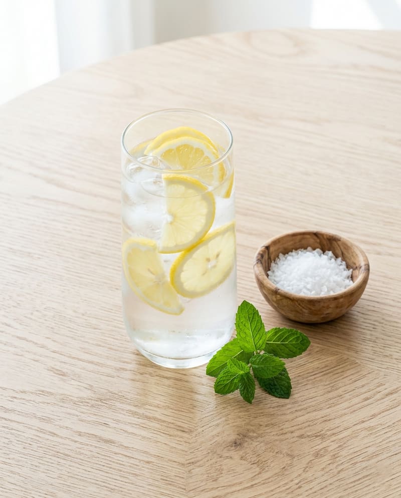 Hydrating water with lemon and sea salt for lymphatic health and reducing puffiness