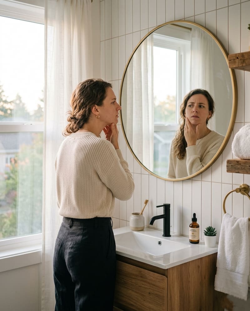Woman checking for facial puffiness and cortisol face in bathroom mirror