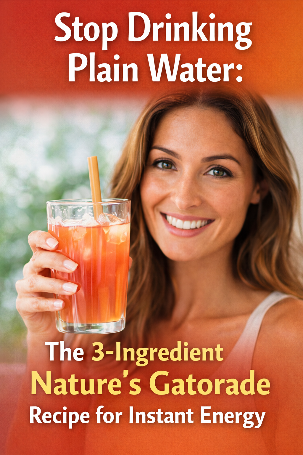 Woman holding a glass of Nature's Gatorade adrenal cocktail with orange juice and coconut water to improve cellular hydration.