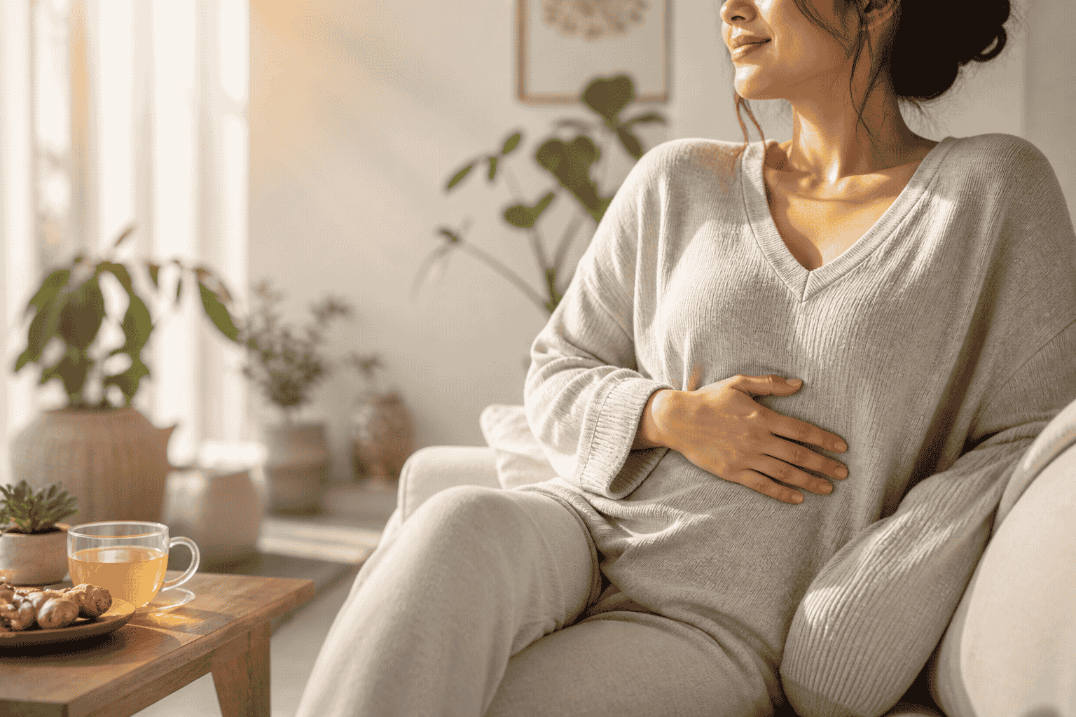 A smiling woman sits comfortably on a couch gently holding her stomach, feeling debloated and energized after trying juicing recipes for gut health, with fresh ginger on the table.