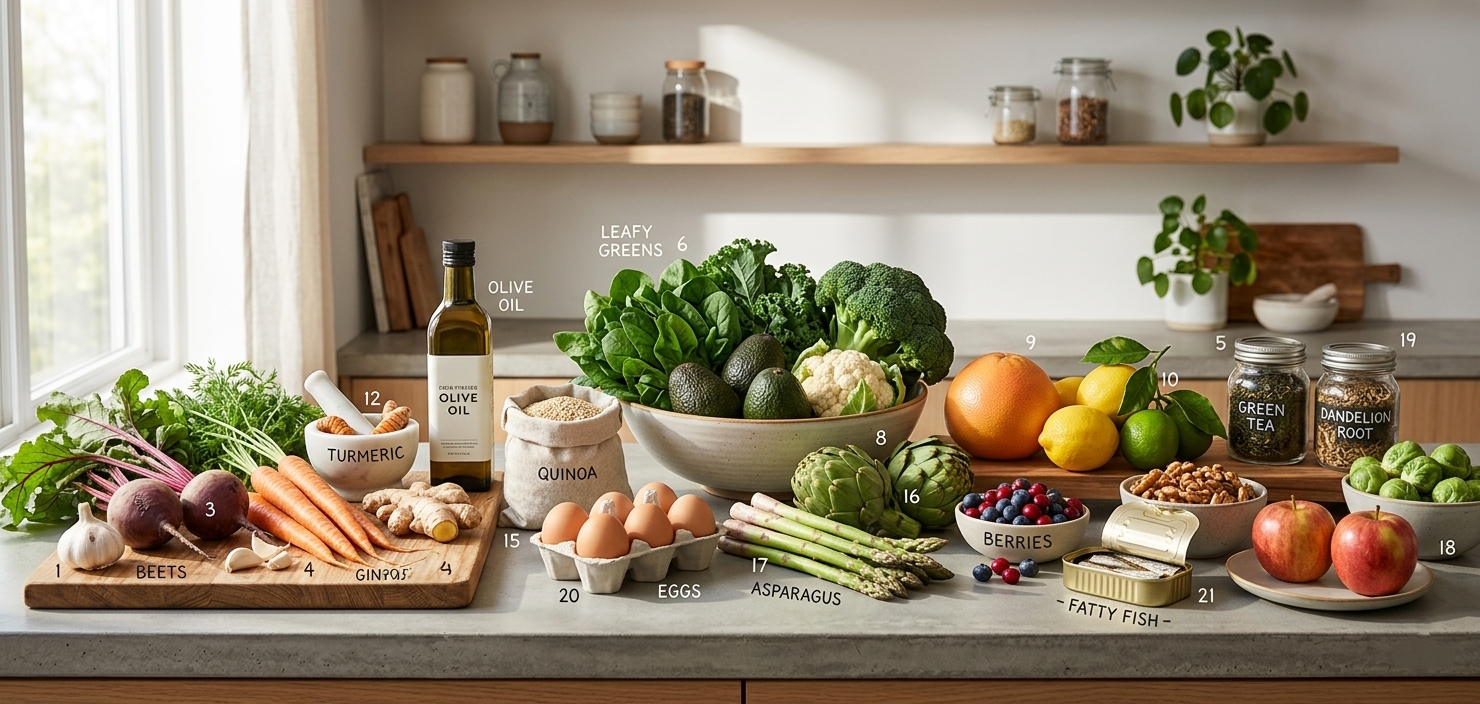 A professional display of 21 liver cleansing foods including beets, kale, eggs, and citrus arranged on a modern kitchen counter.