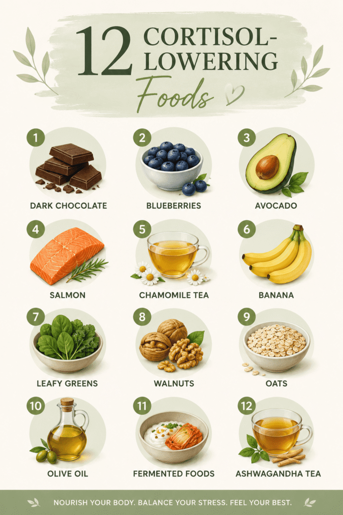 12 cortisol lowering foods infographic