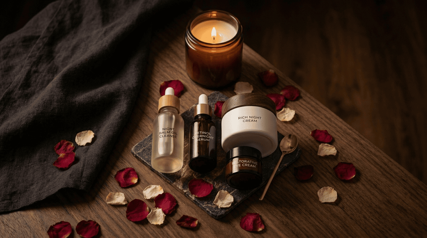 An elegant evening skincare flat-lay on a dark walnut wooden surface with soft candlelight and dim warm lighting
