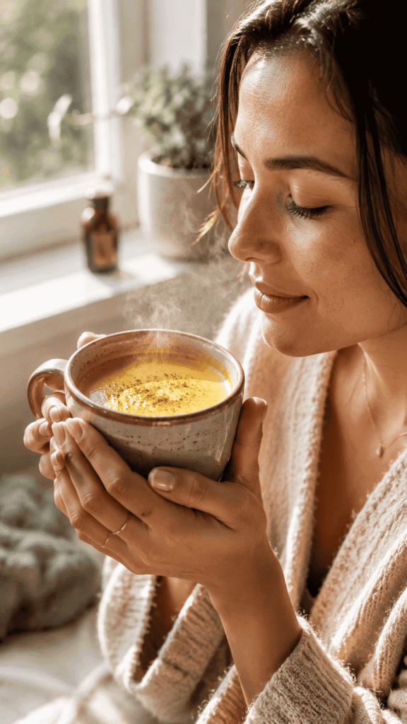 anti inflammatory meal plan foods flat lay. Cozy moment with golden milk tea