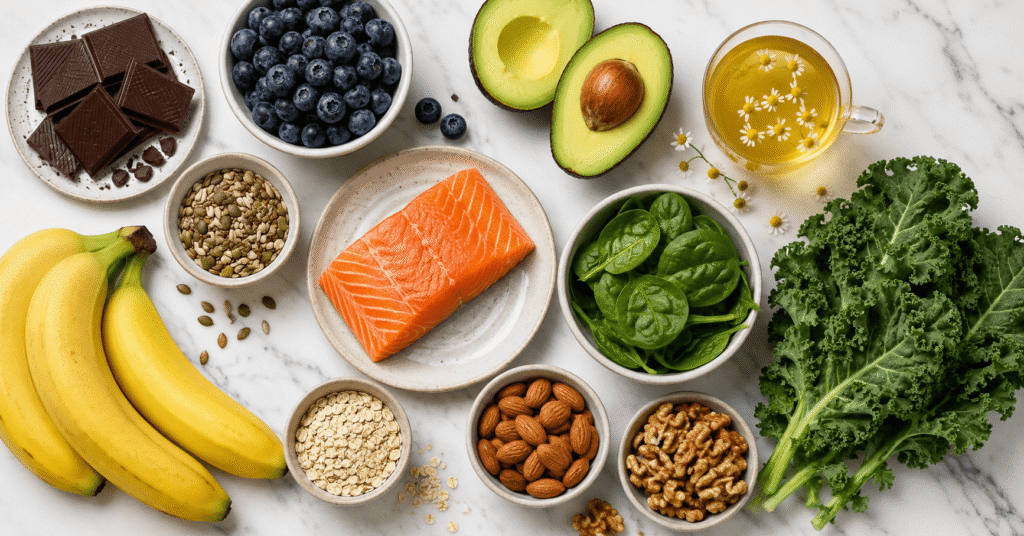 foods that lower cortisol levels flat lay