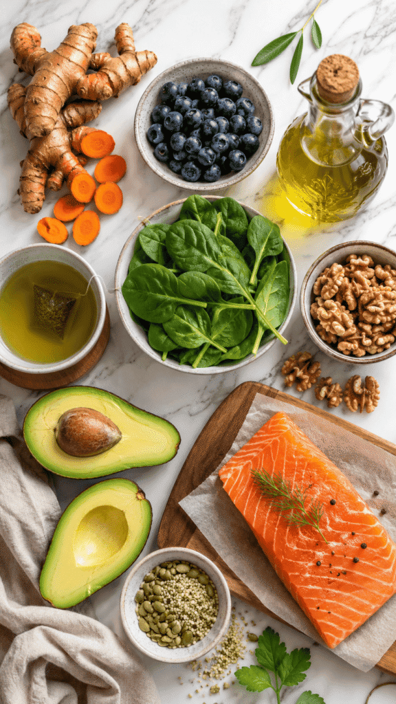 anti inflammatory meal plan foods flat lay