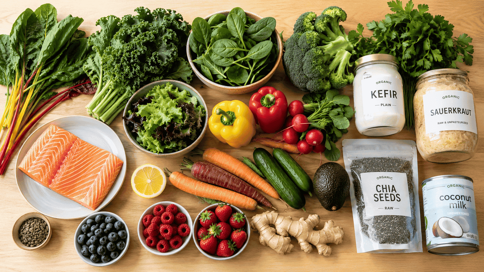 Healthy ingredients on a wooden table