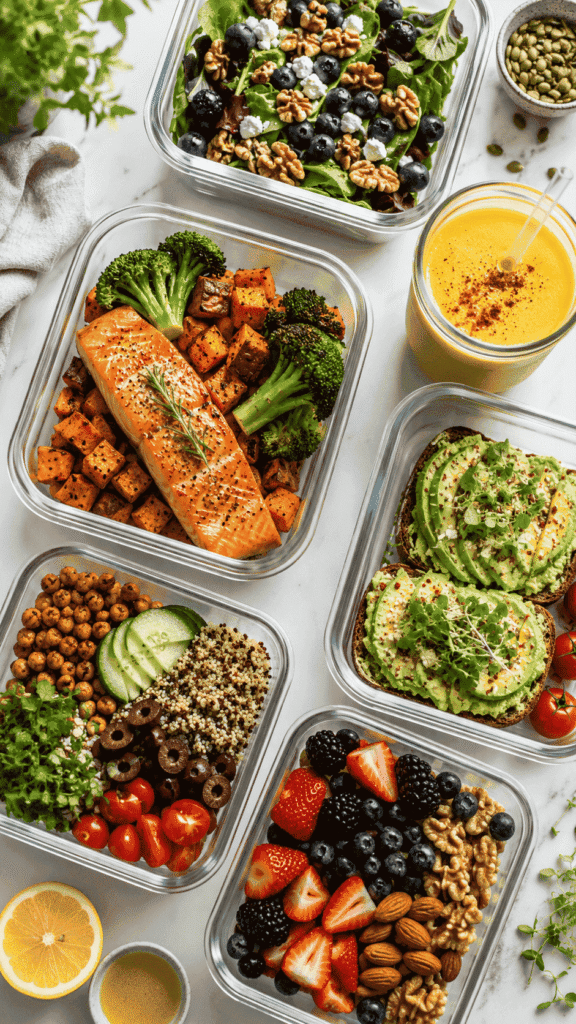 anti inflammatory meal plan foods flat lay